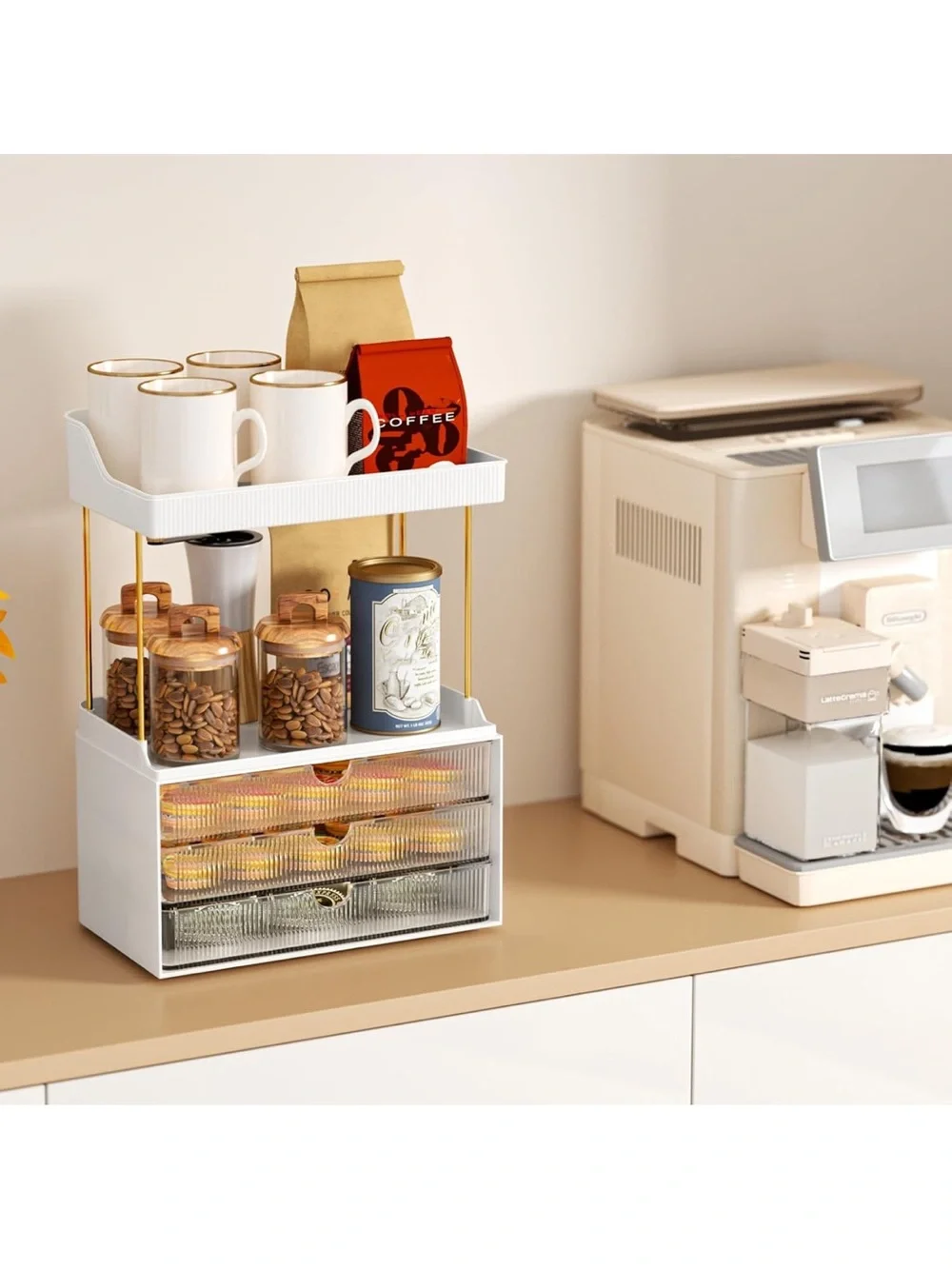 Counter organizer with shelves and clear drawers.